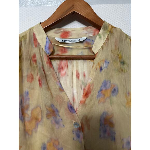 Zara Woman's Small Sheer Floral Blouse Yellow Multicolor Button Front Boho Top - Picture 2 of 8